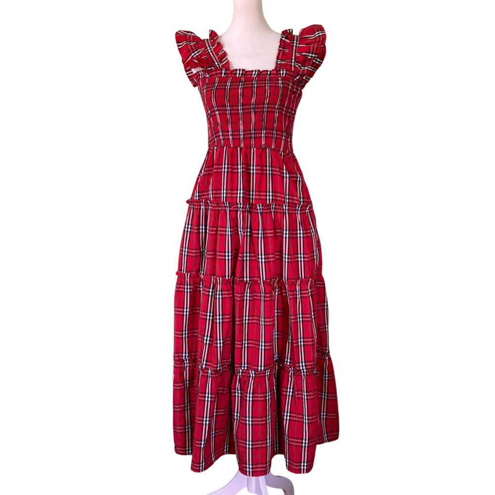 J. Marie Noelle Ruffle Strap Midi Dress Red Mini Gingham Plaid Holiday (Size S)